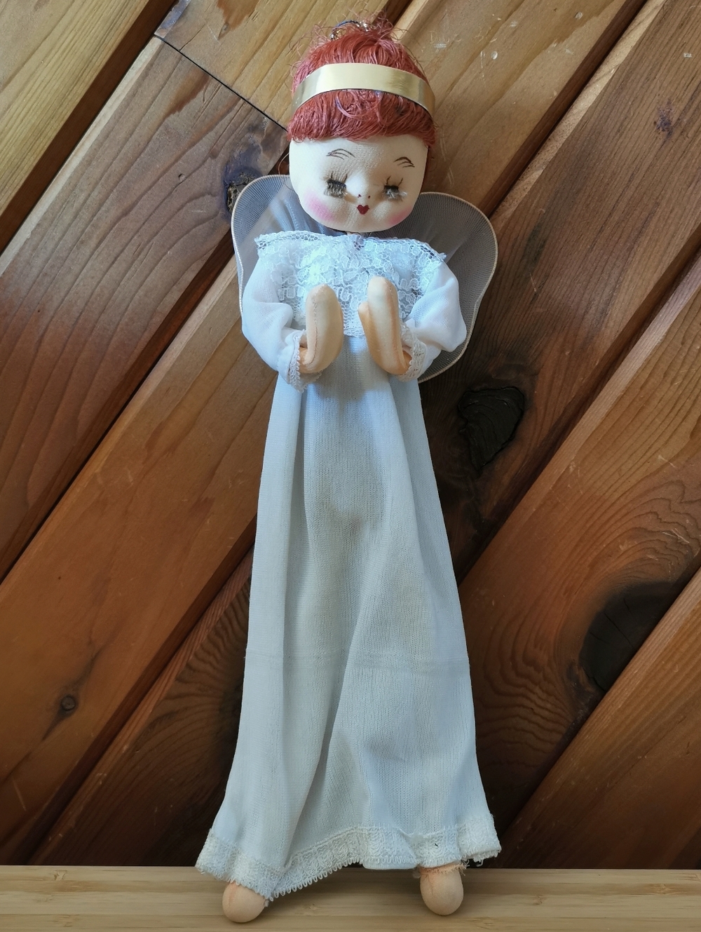 Vintage Handmade Christmas Angel Doll – Tulle Wings, Hand-Painted Face, 12”